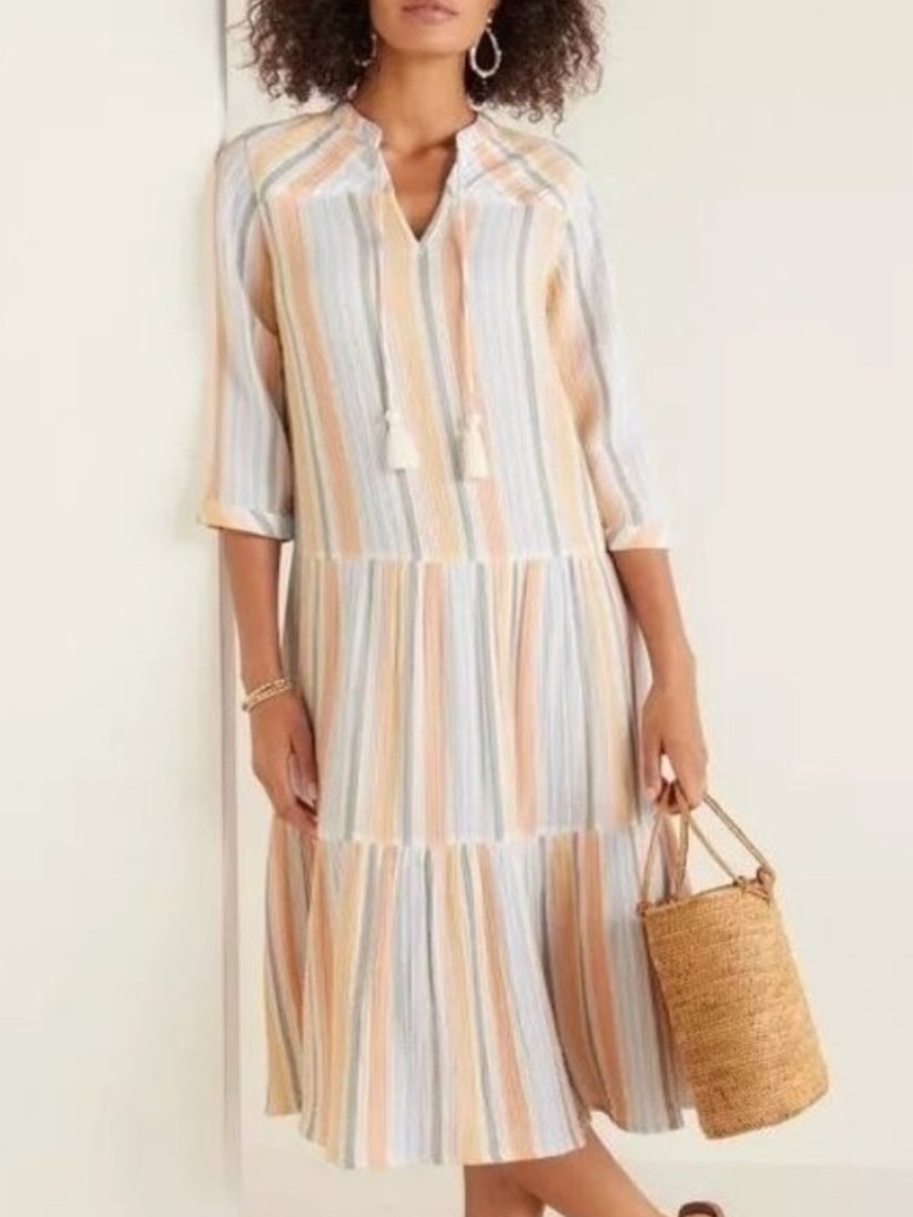 Soft Surroundings Women 2X Striped Cotton Beachy Laguna Gauze Tiered Midi Dress